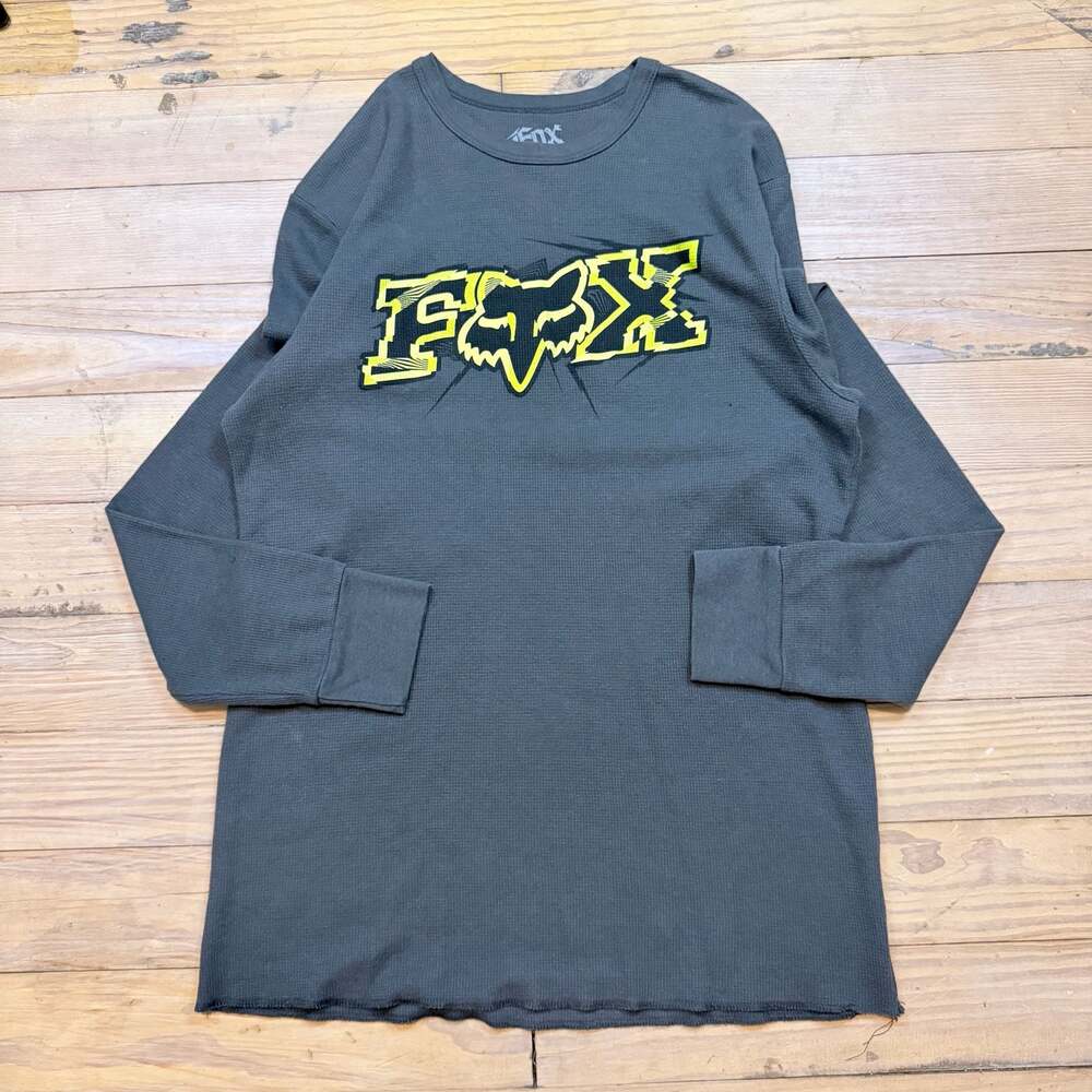 Fox Racing Long Sleeve Thermal Waffle Knit Shirt Charcoal Grey Yellow Size L
